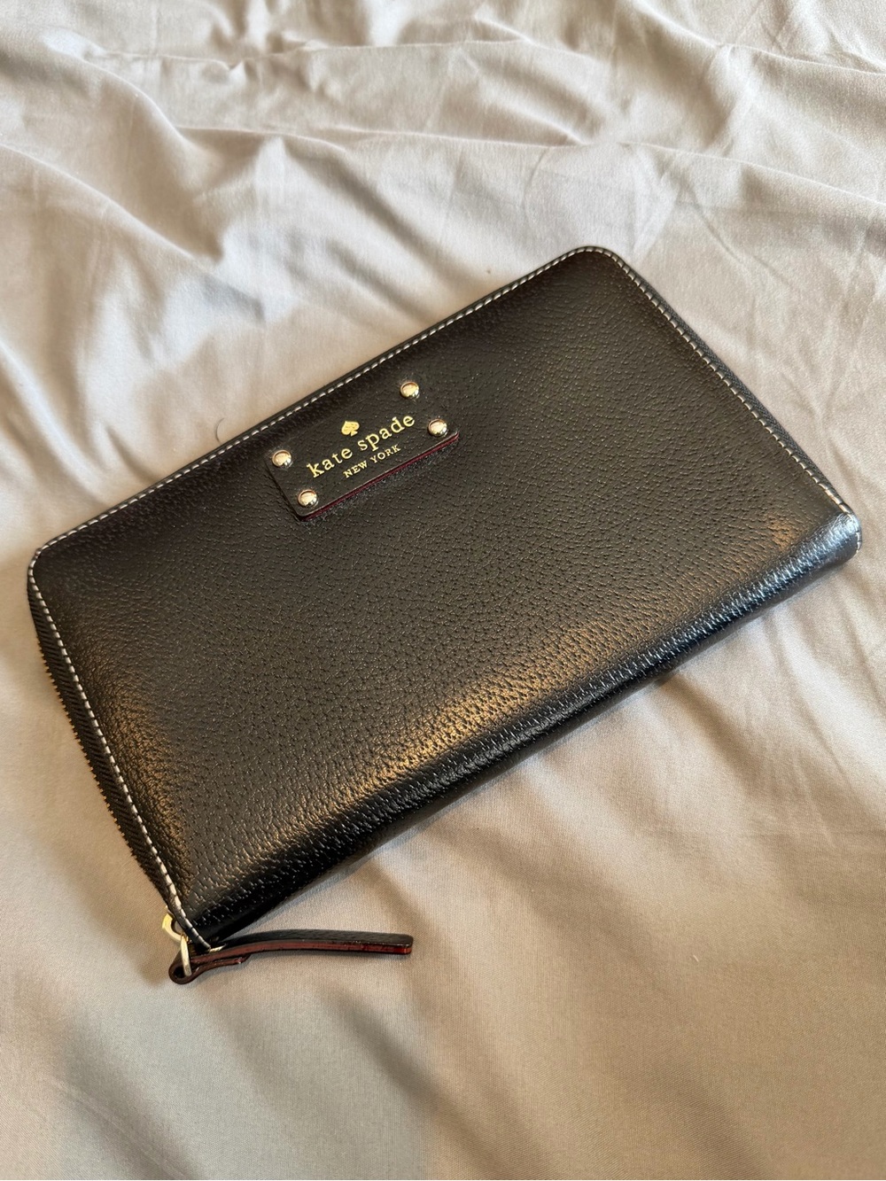 Kate Spade Black Pebbled Leather Zip Wallet with Gold Logo
